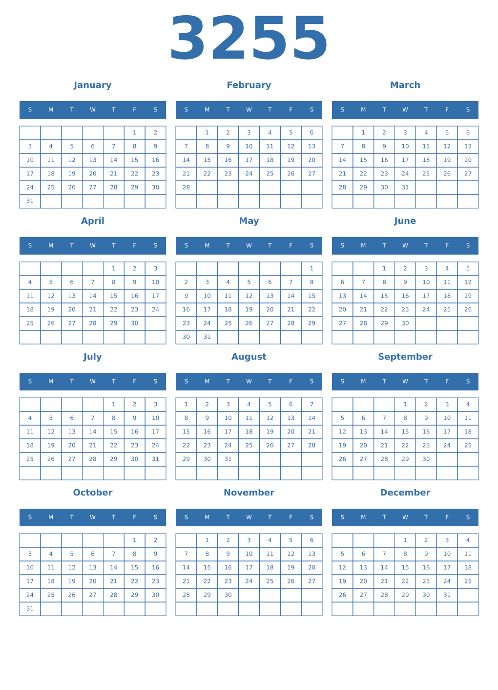 Printable 3255 Year Calendars blue