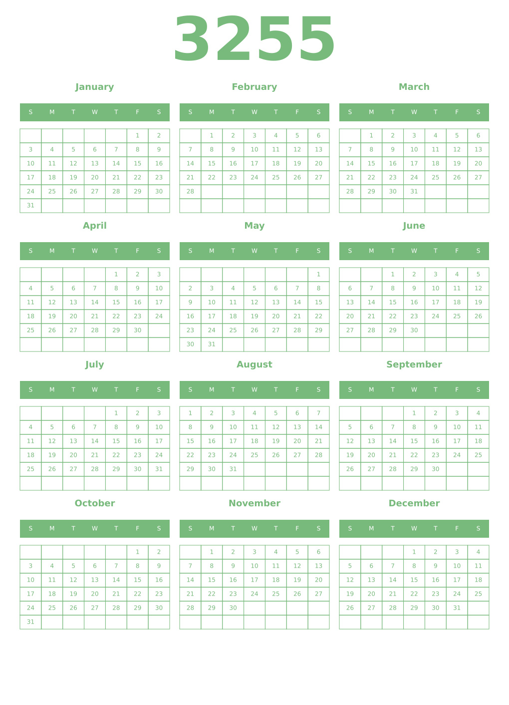 Printable 3255 Year Calendars celadon