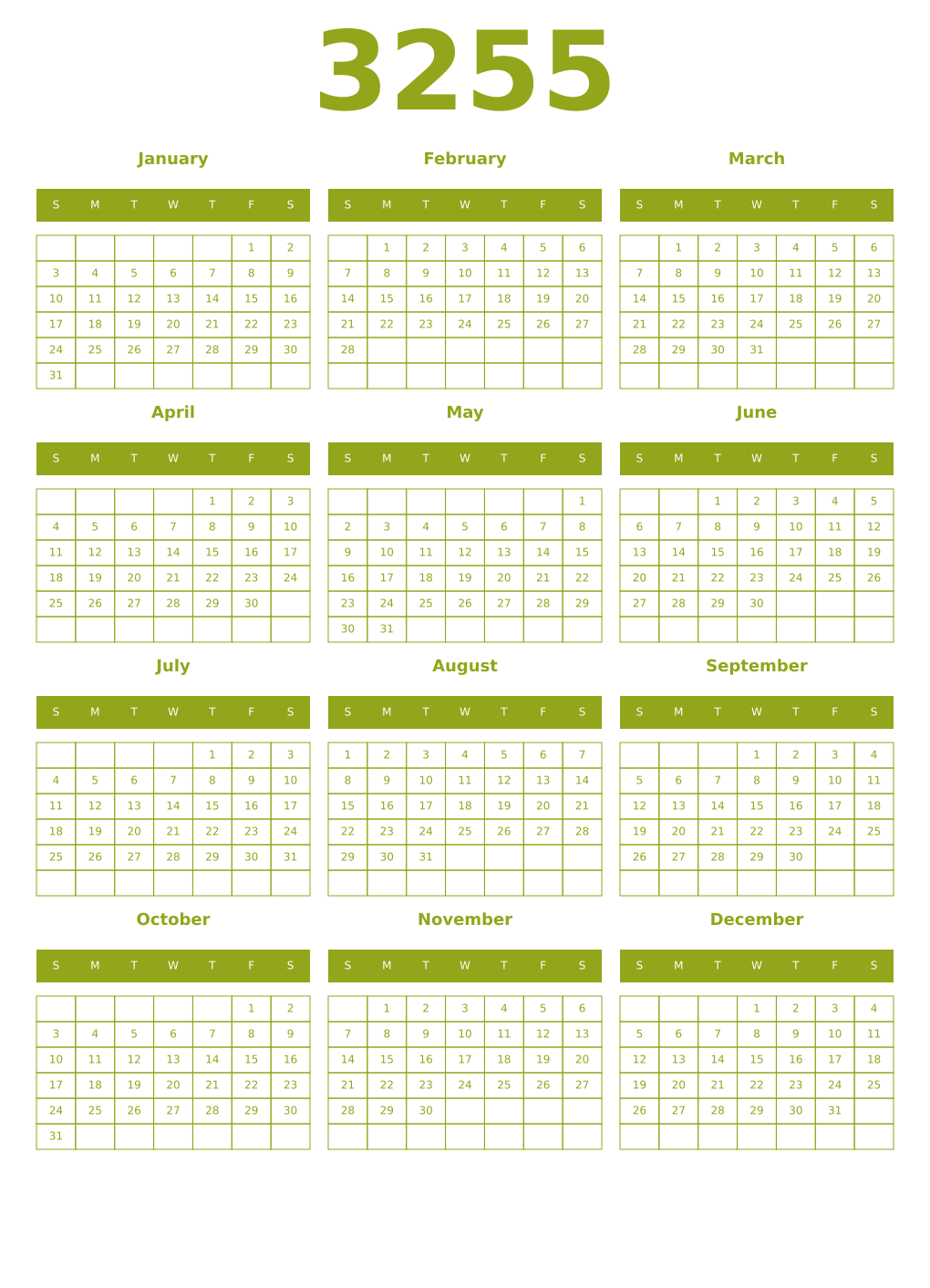 Printable 3255 Year Calendars chartreuse