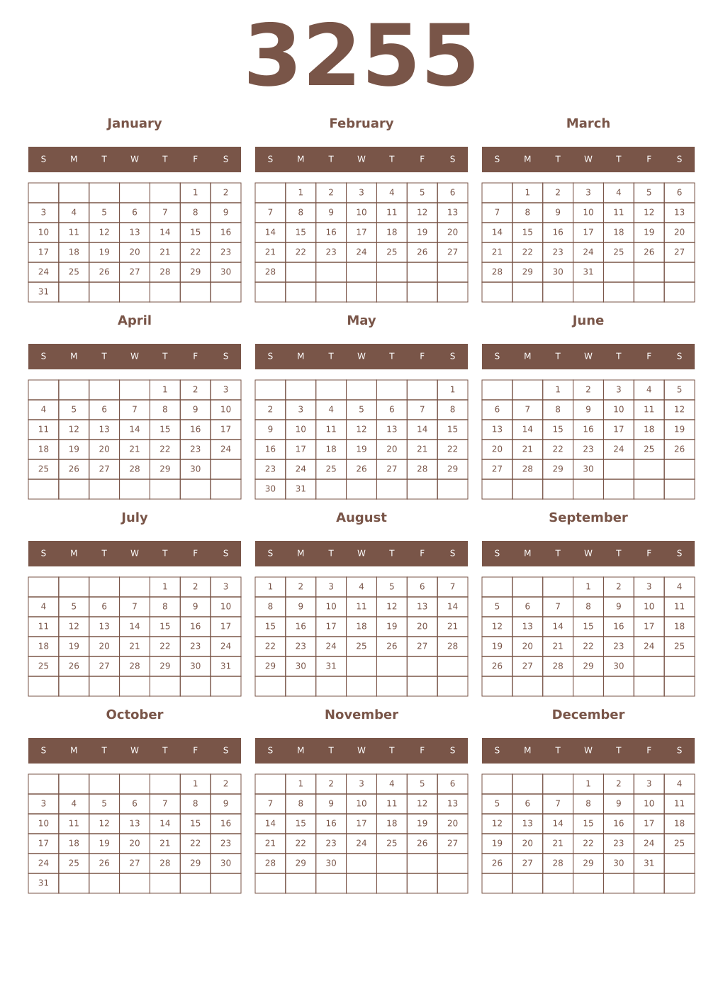 Printable 3255 Year Calendars coffe