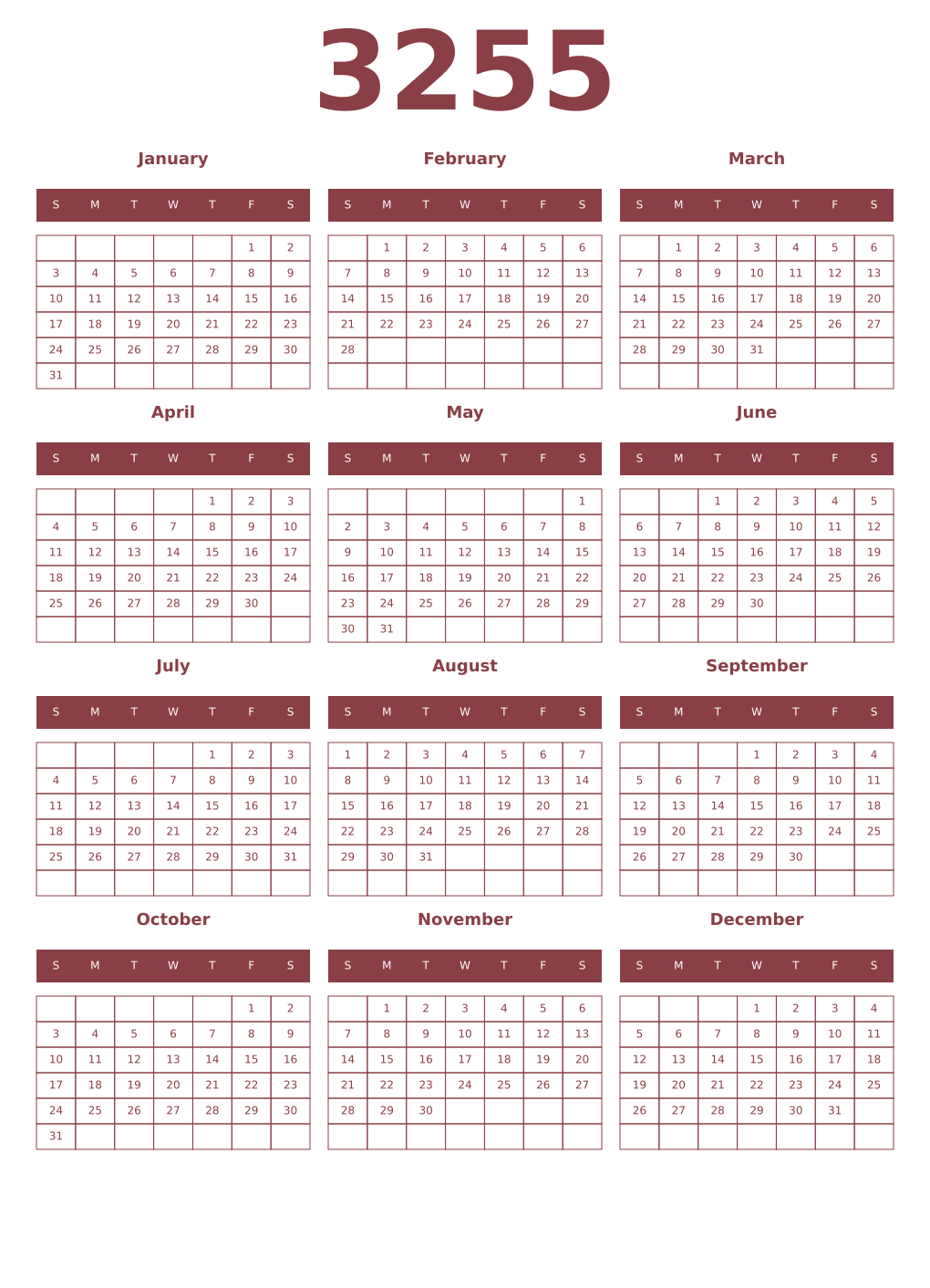Printable 3255 Year Calendars cordovan