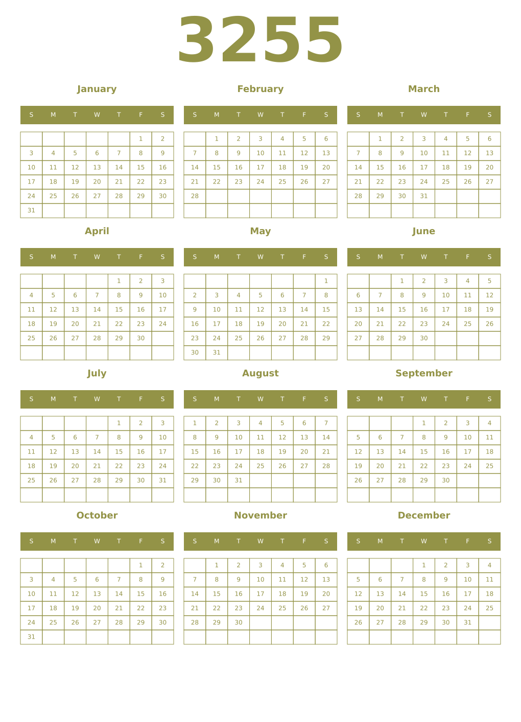 Printable 3255 Year Calendars eburnean