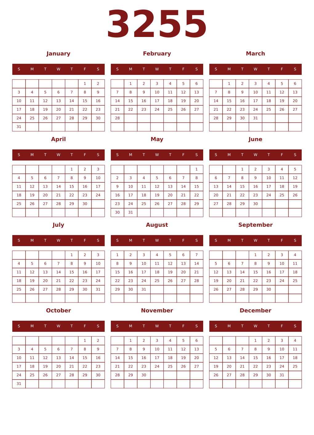 Printable 3255 Year Calendars falu