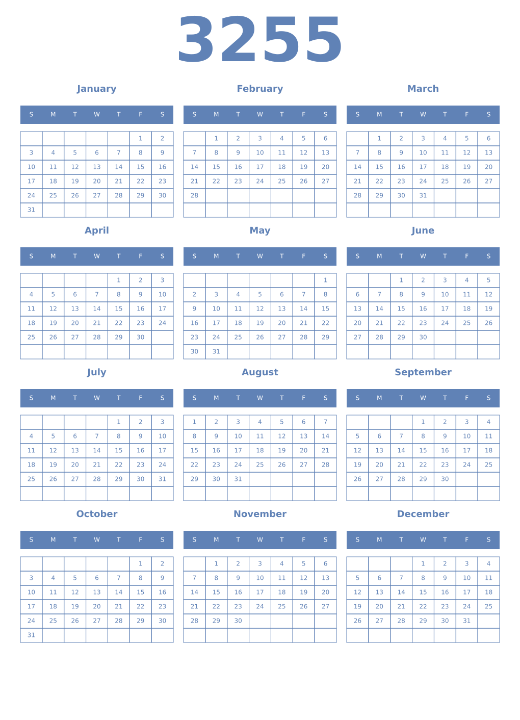 Printable 3255 Year Calendars glaucous