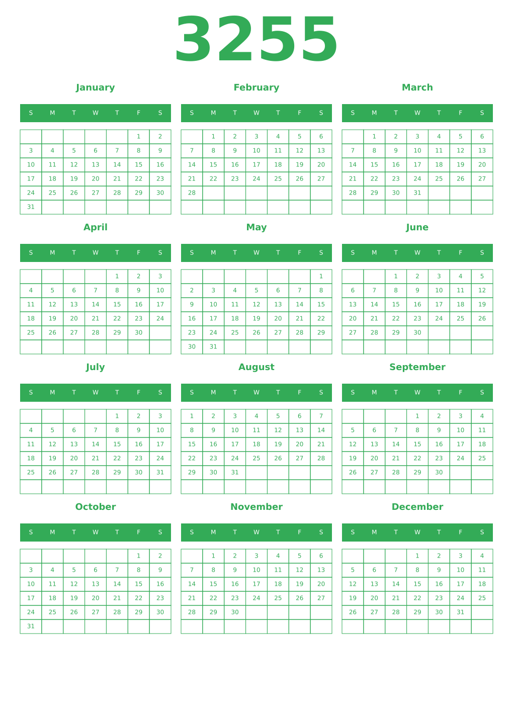 Printable 3255 Year Calendars green