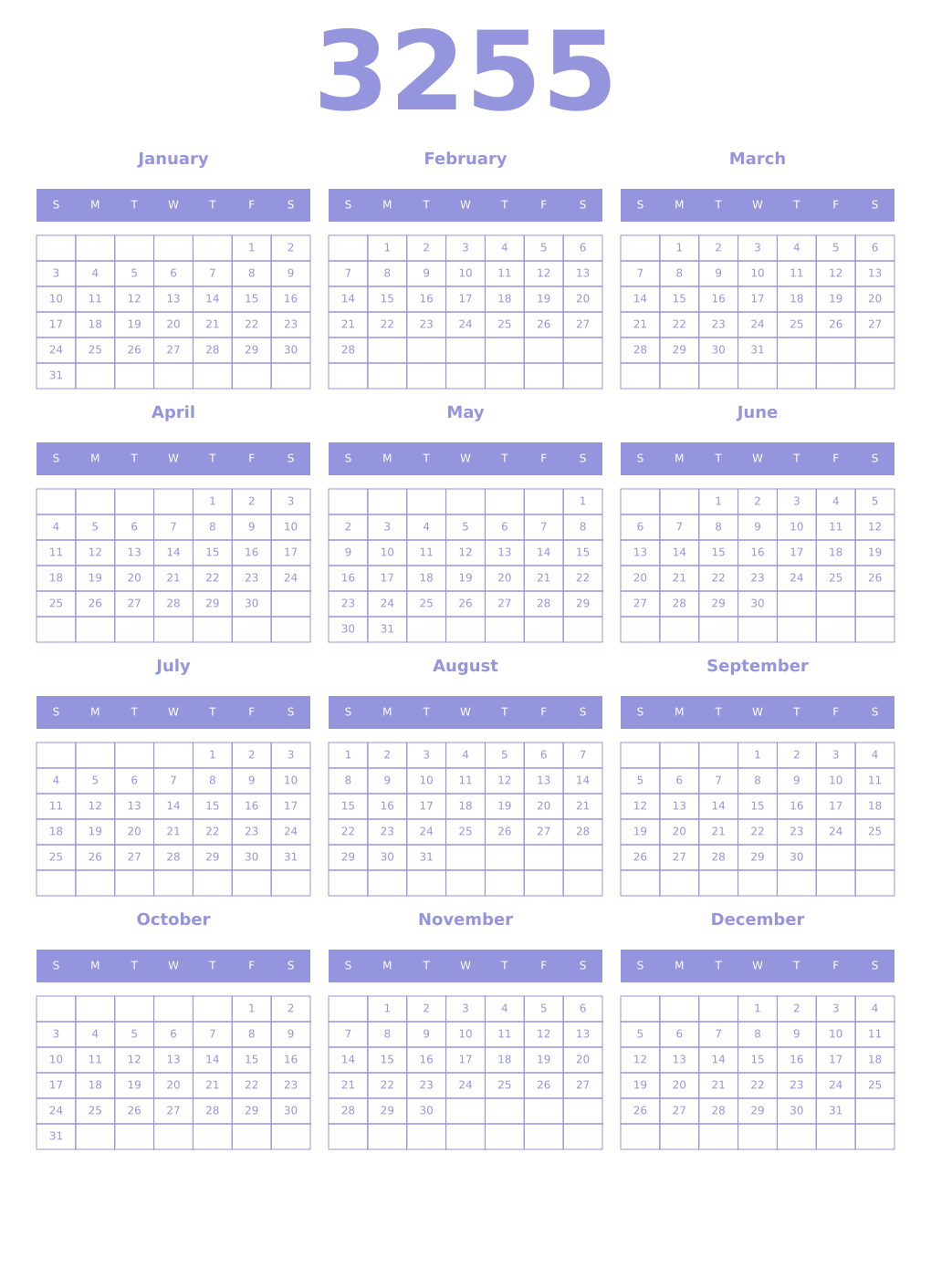 Printable 3255 Year Calendars periwinkle