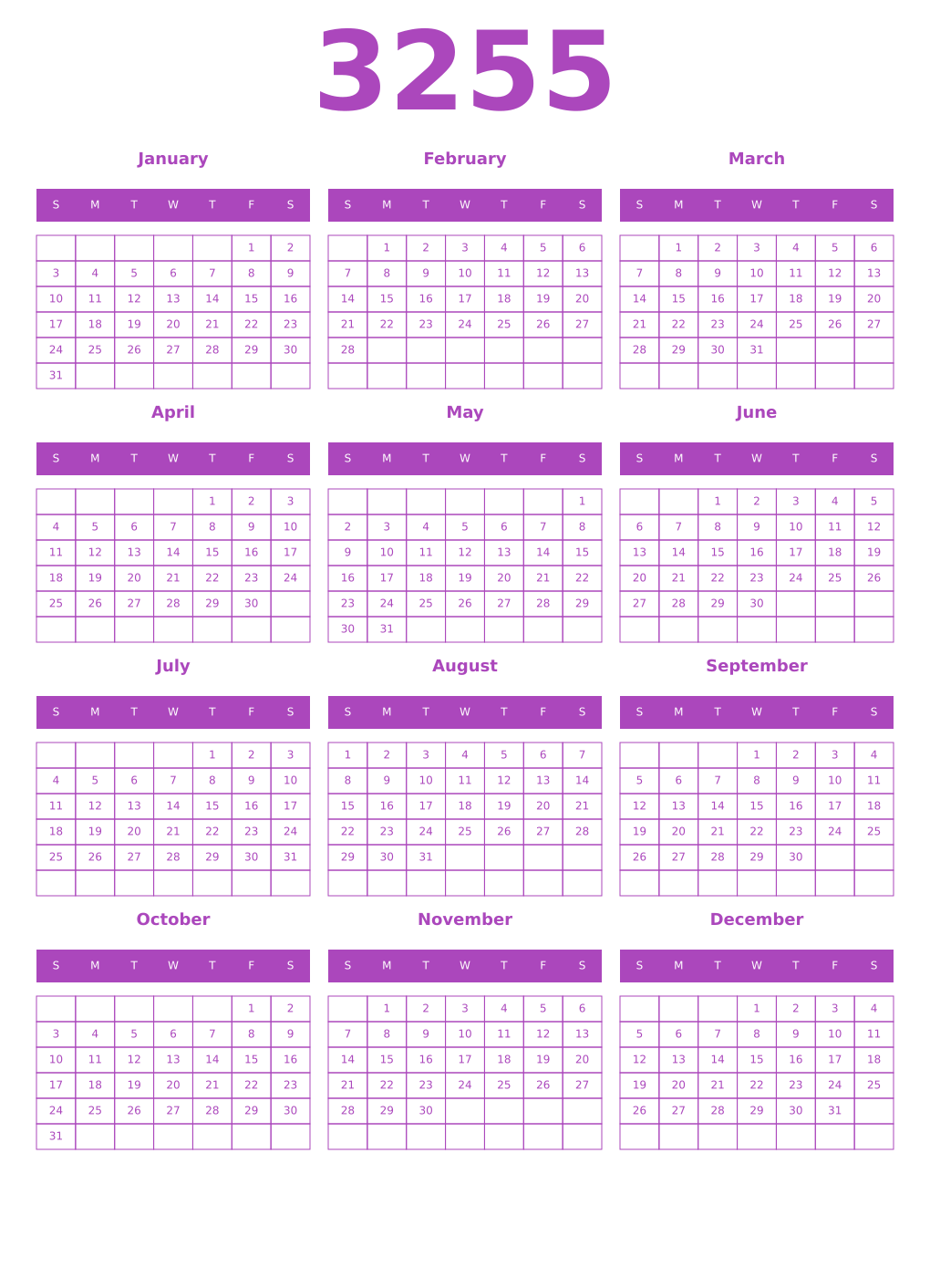 Printable 3255 Year Calendars purple