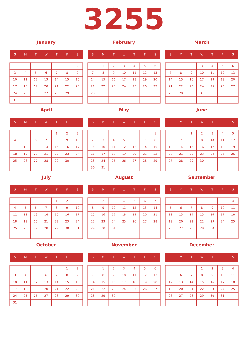 Printable 3255 Year Calendars red