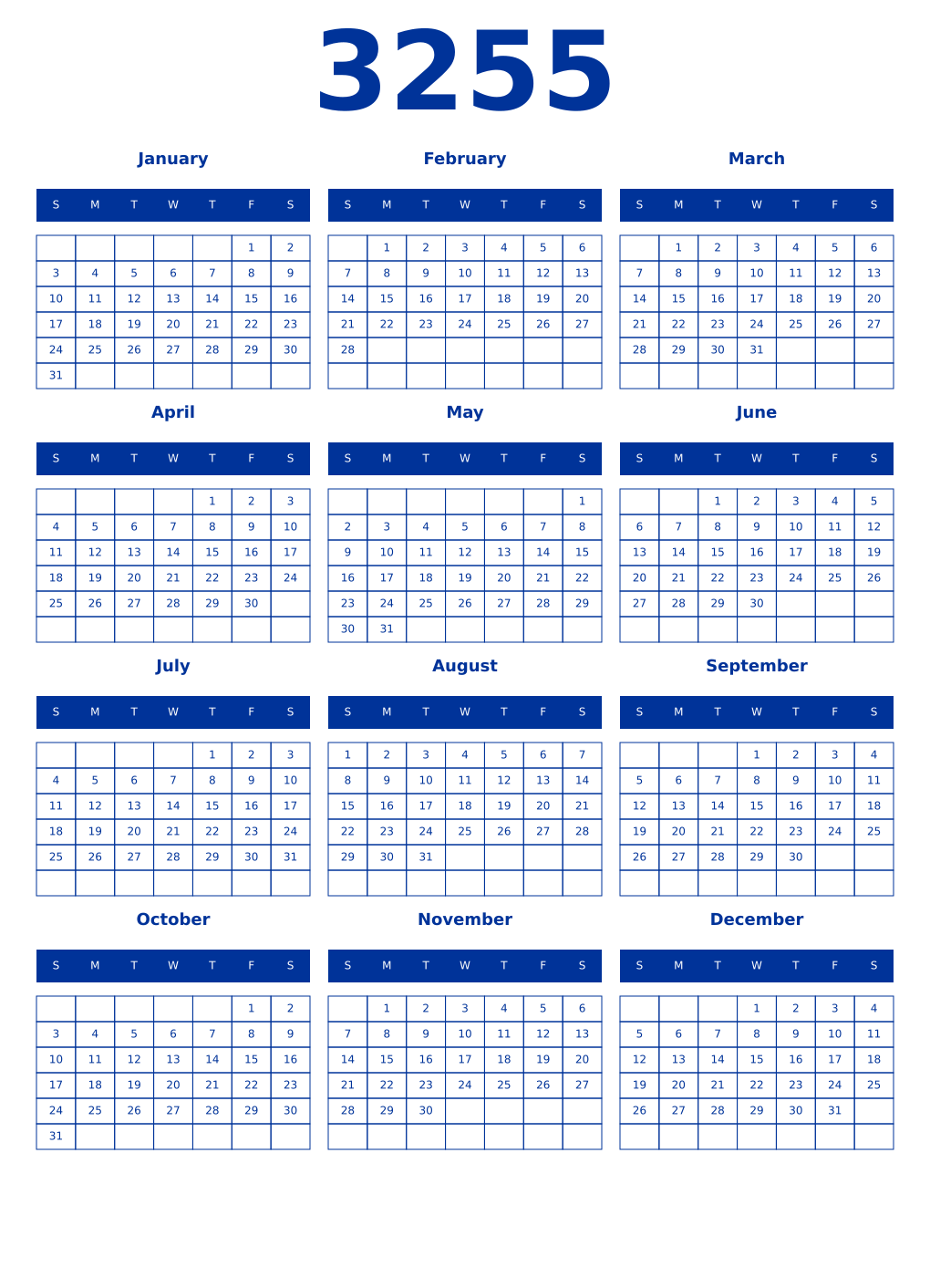 Printable 3255 Year Calendars smalt
