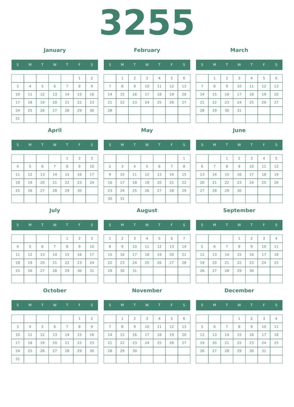 Printable 3255 Year Calendars viridian