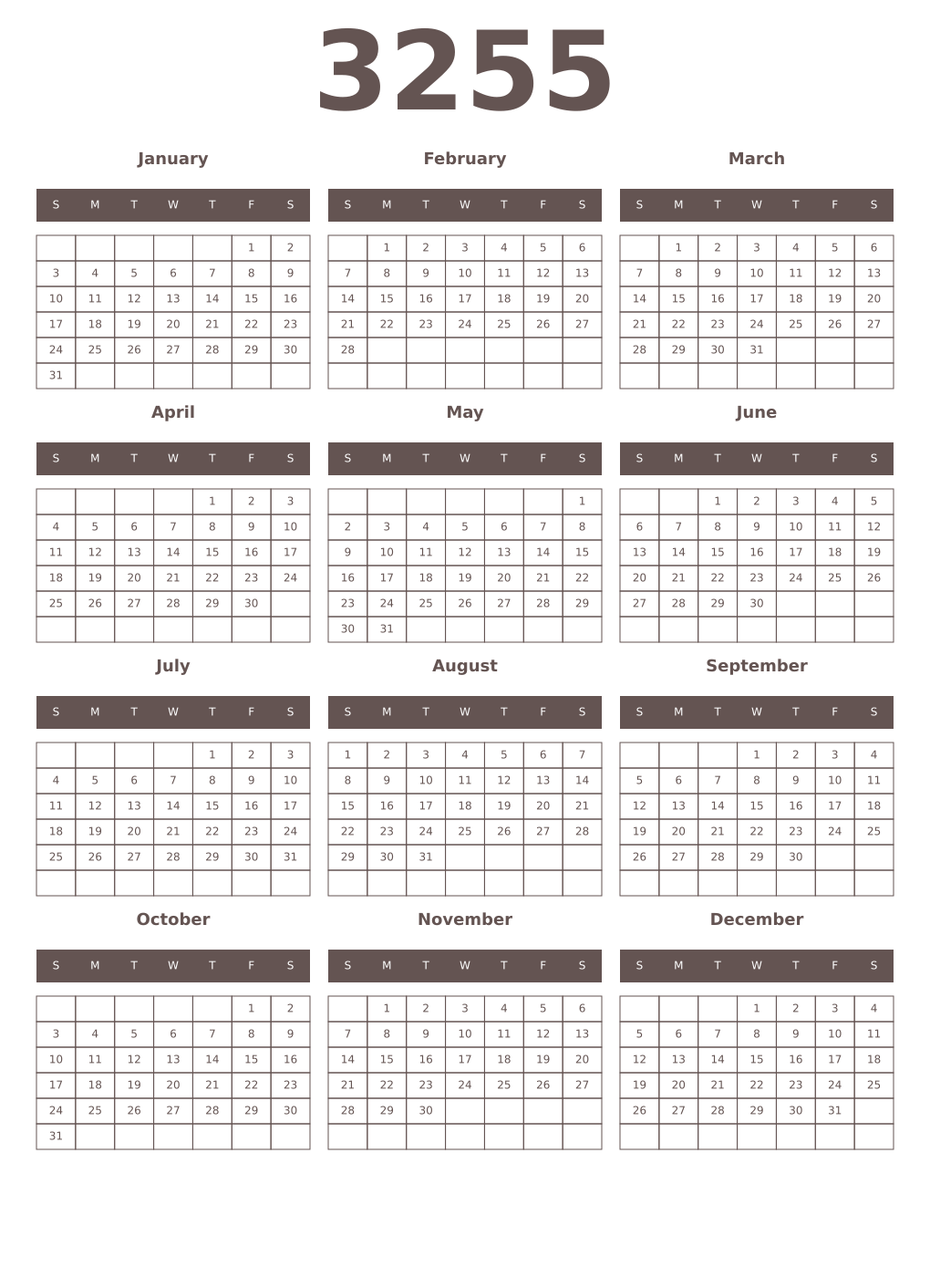 Printable 3255 Year Calendars wenge