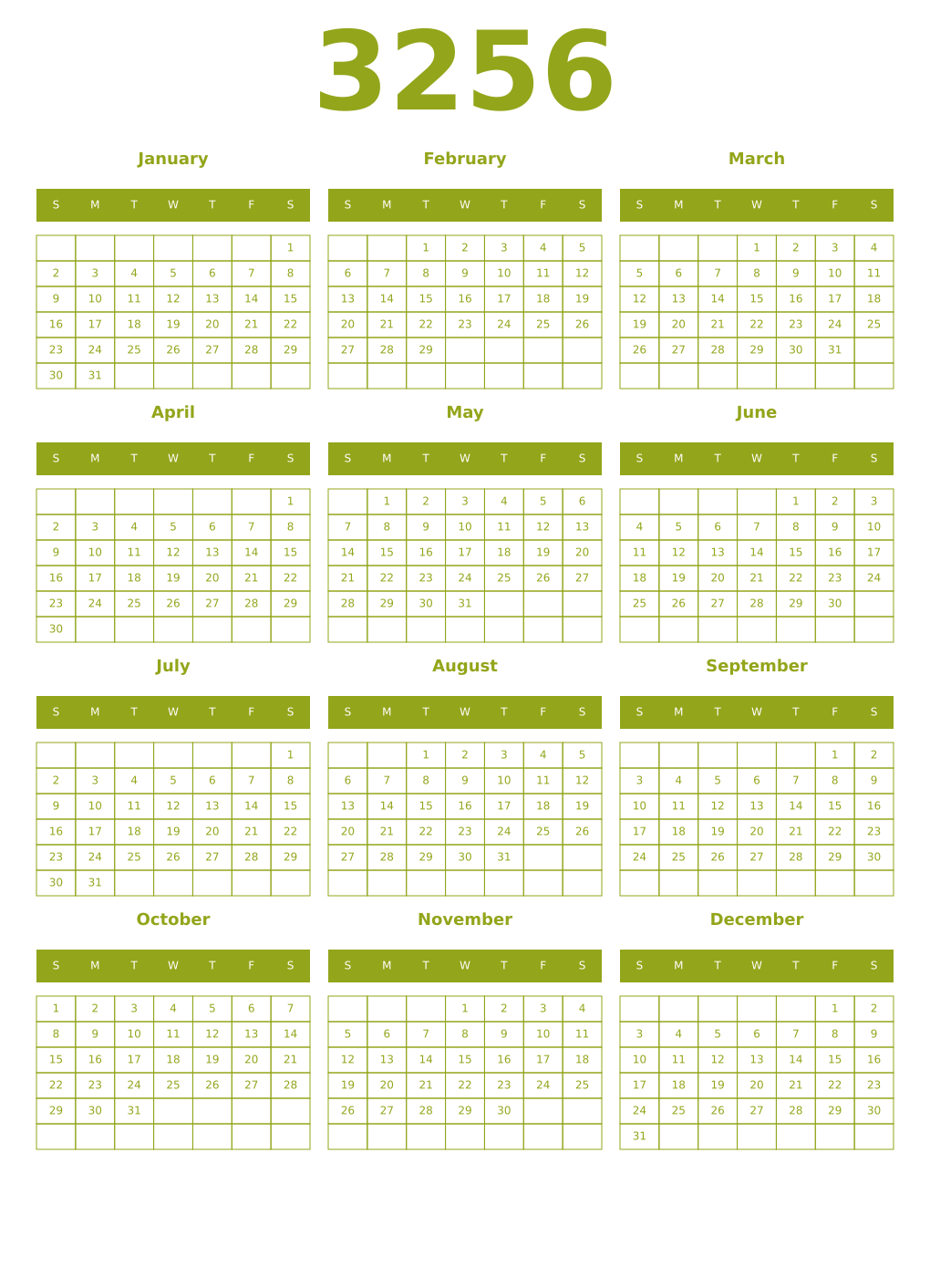 Printable 3256 Year Calendars chartreuse