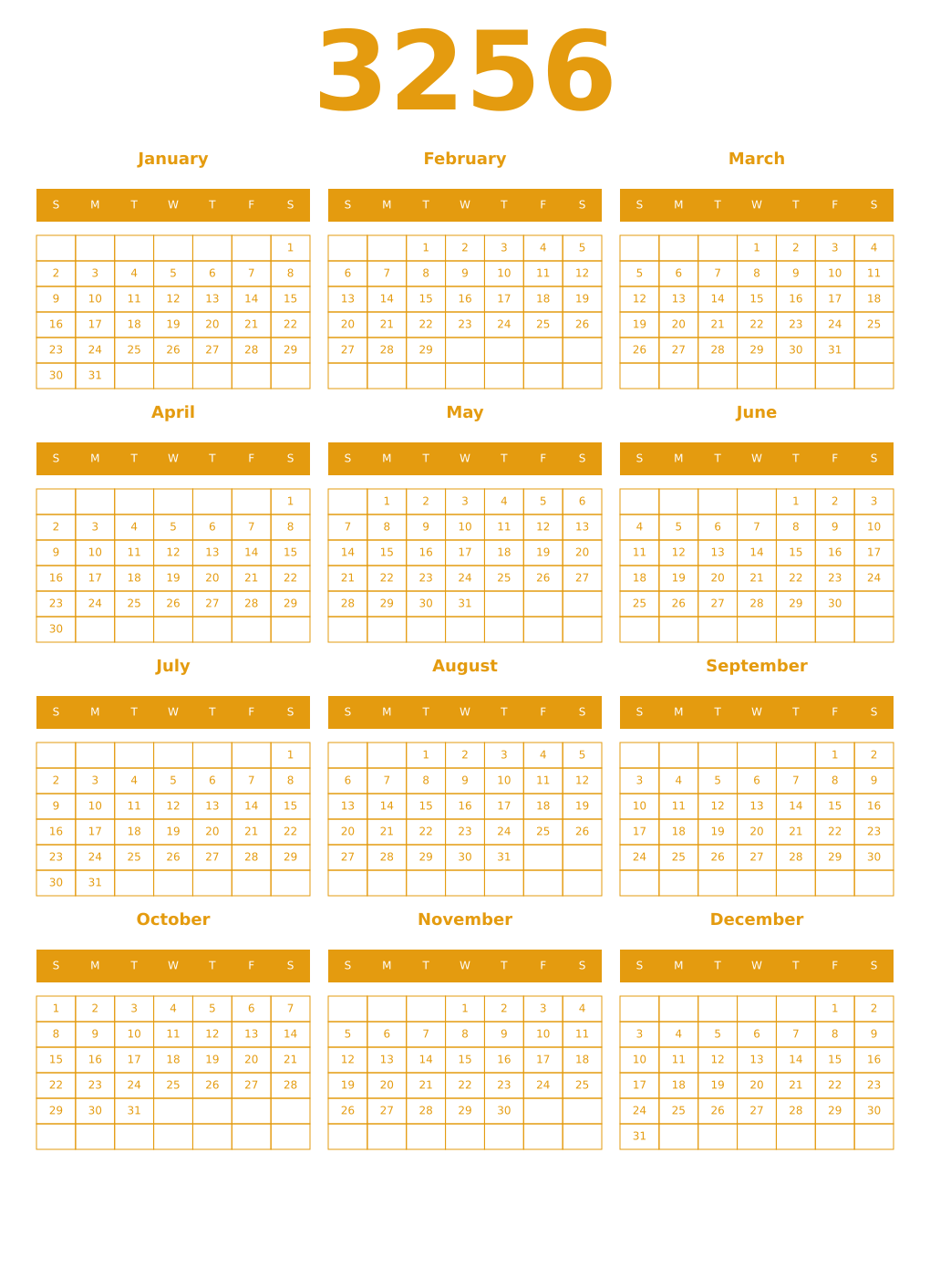 Printable 3256 Year Calendars gamboge