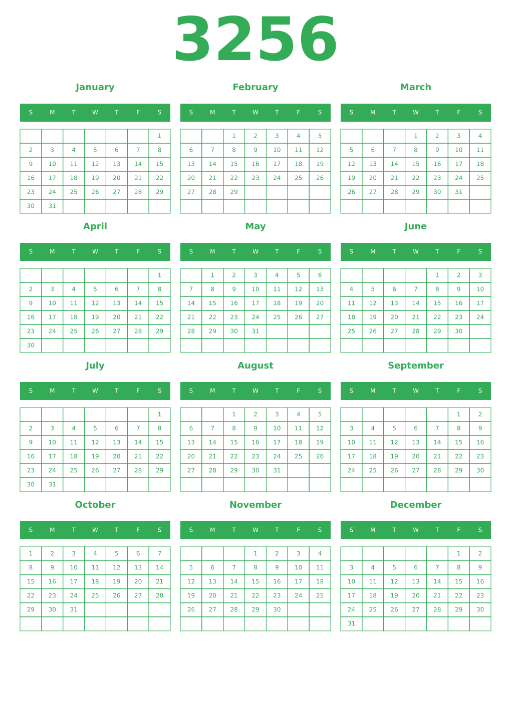 Printable 3256 Year Calendars green