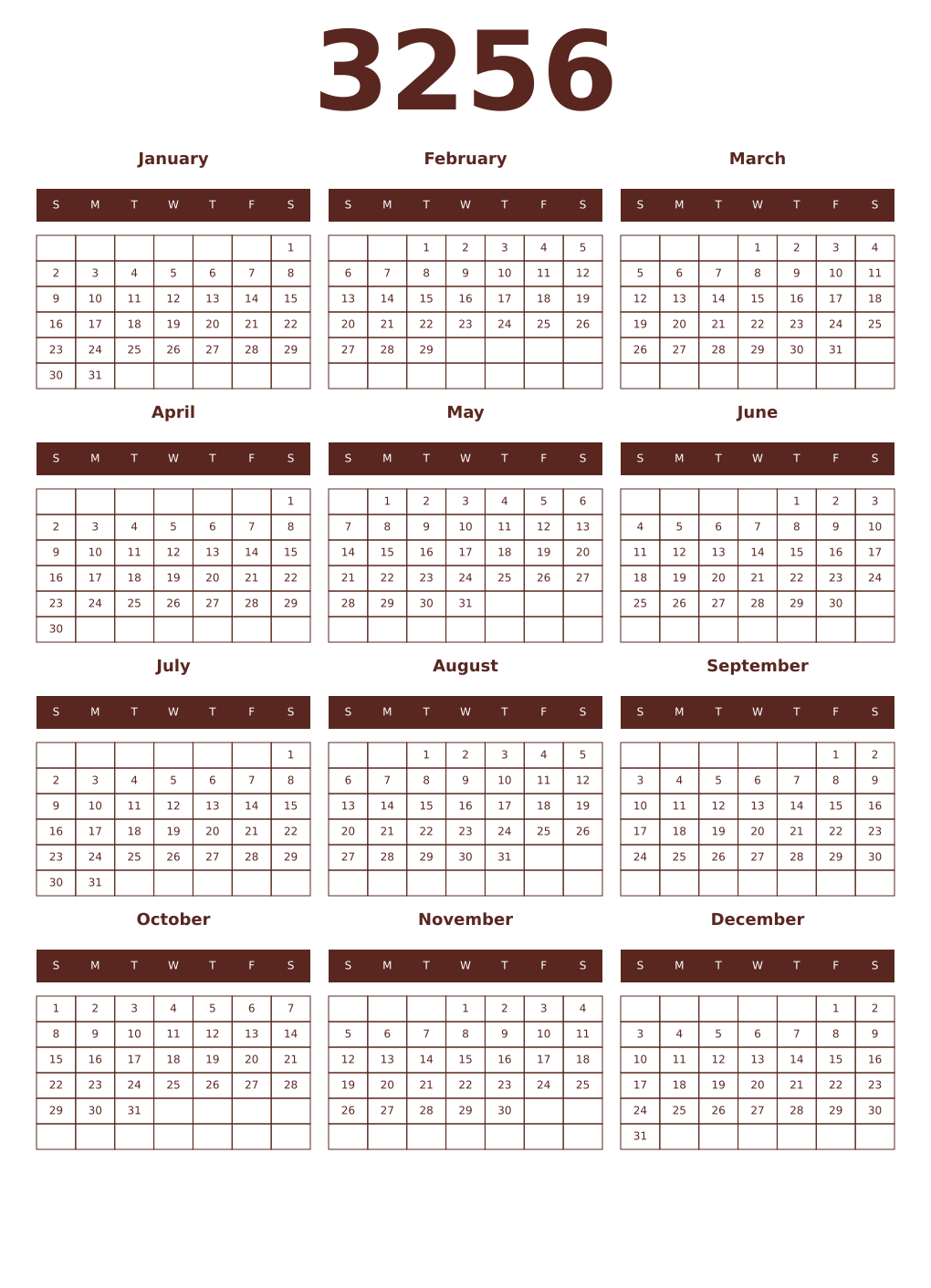 Printable 3256 Year Calendars mortuum