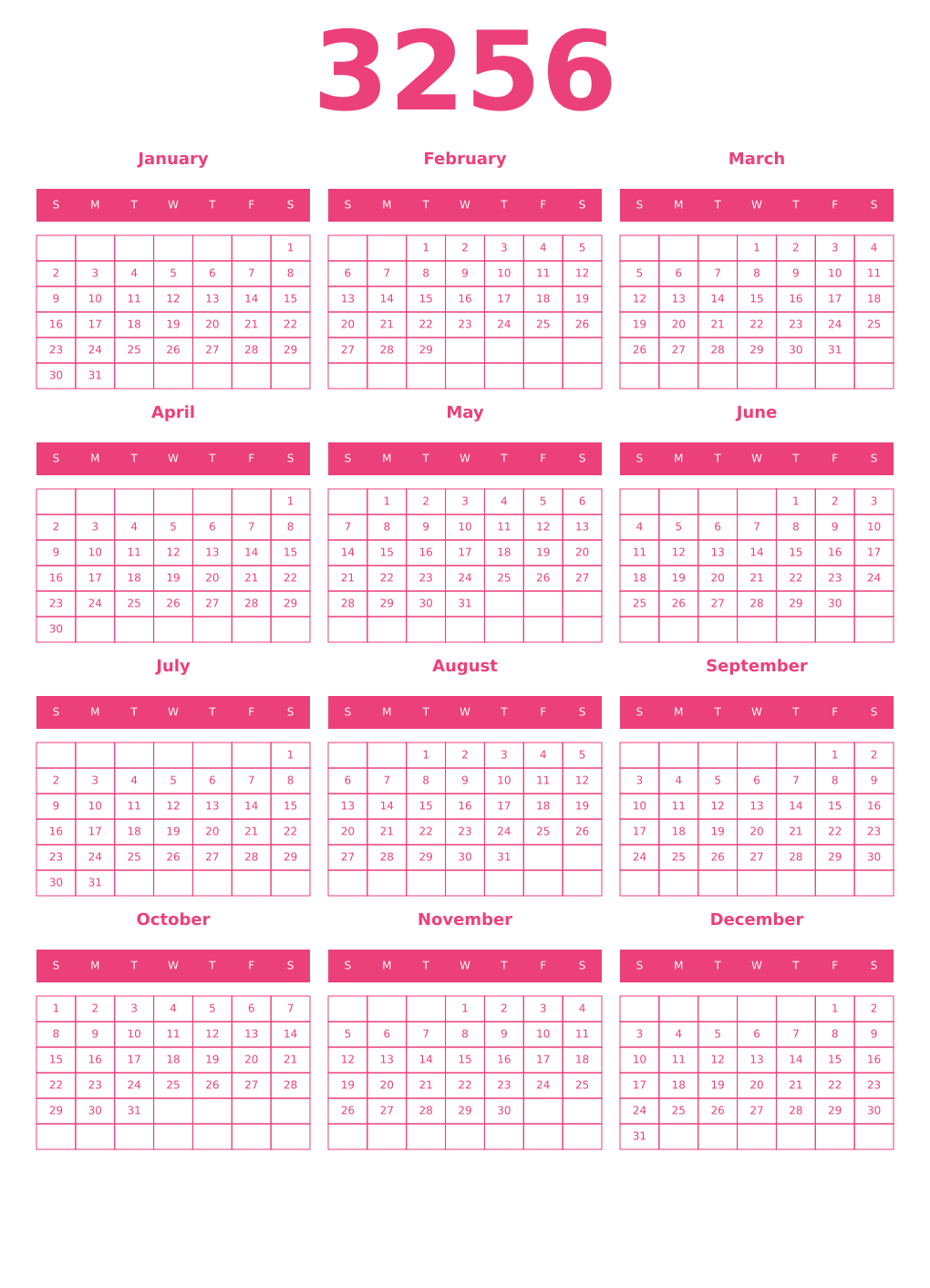 Printable 3256 Year Calendars pink