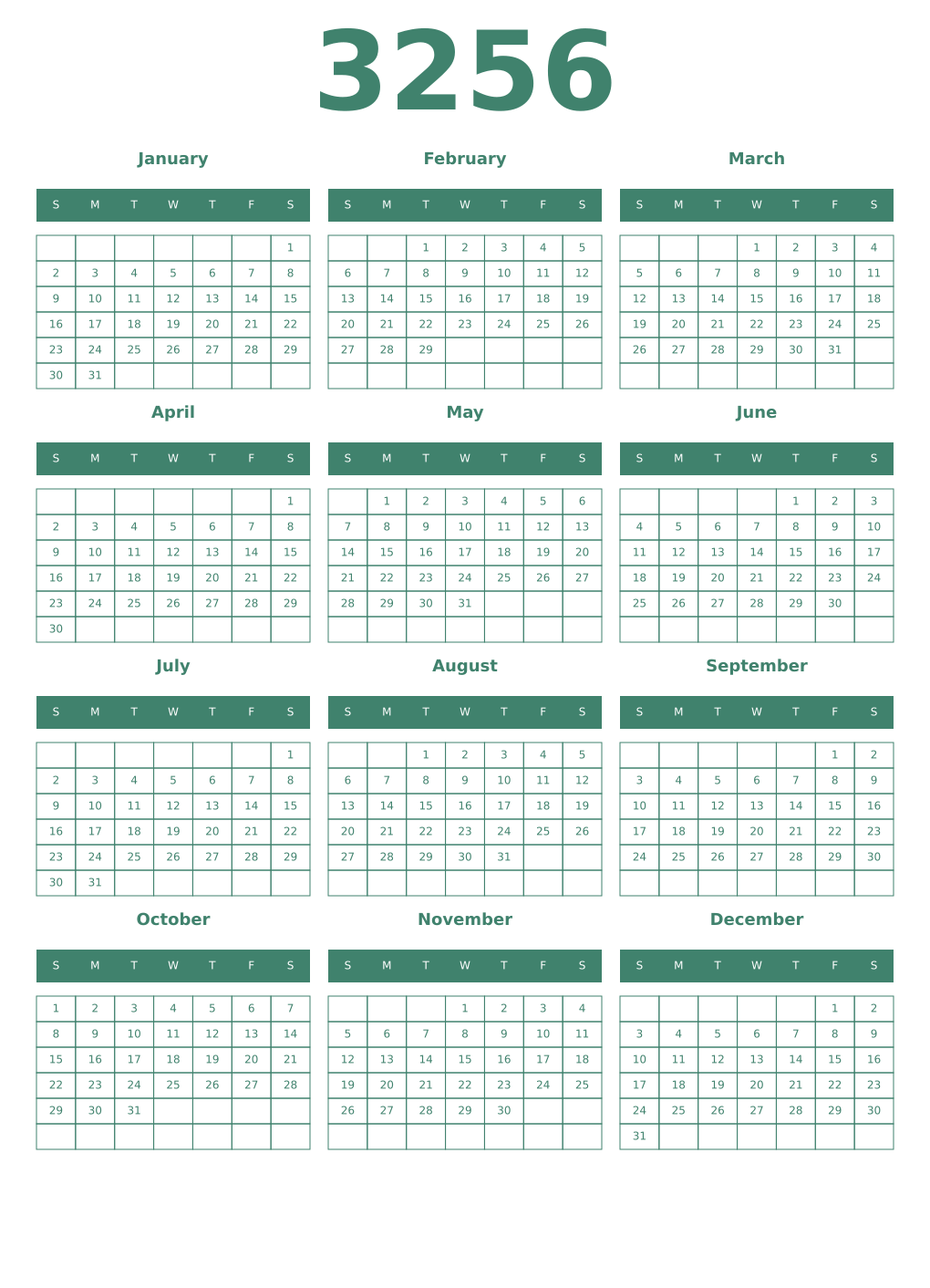 Printable 3256 Year Calendars viridian