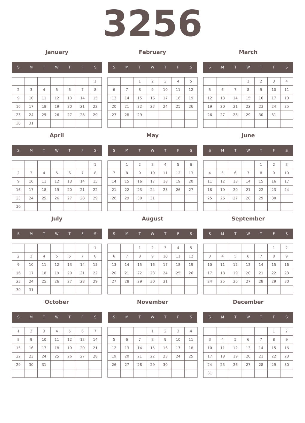 Printable 3256 Year Calendars wenge