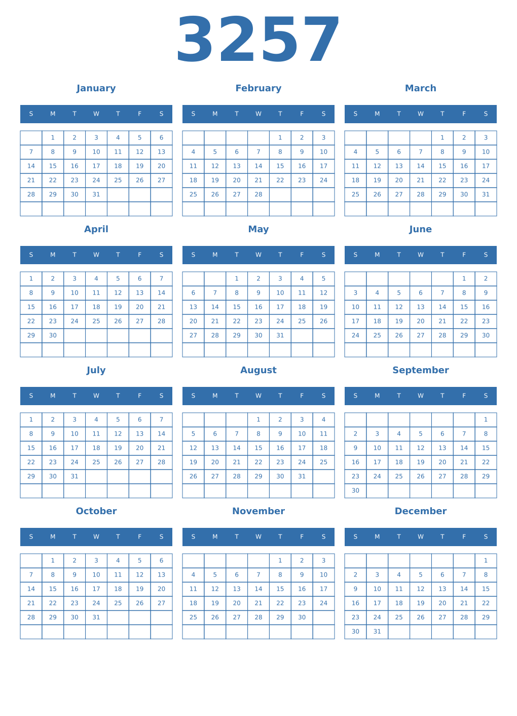 Printable 3257 Year Calendars blue