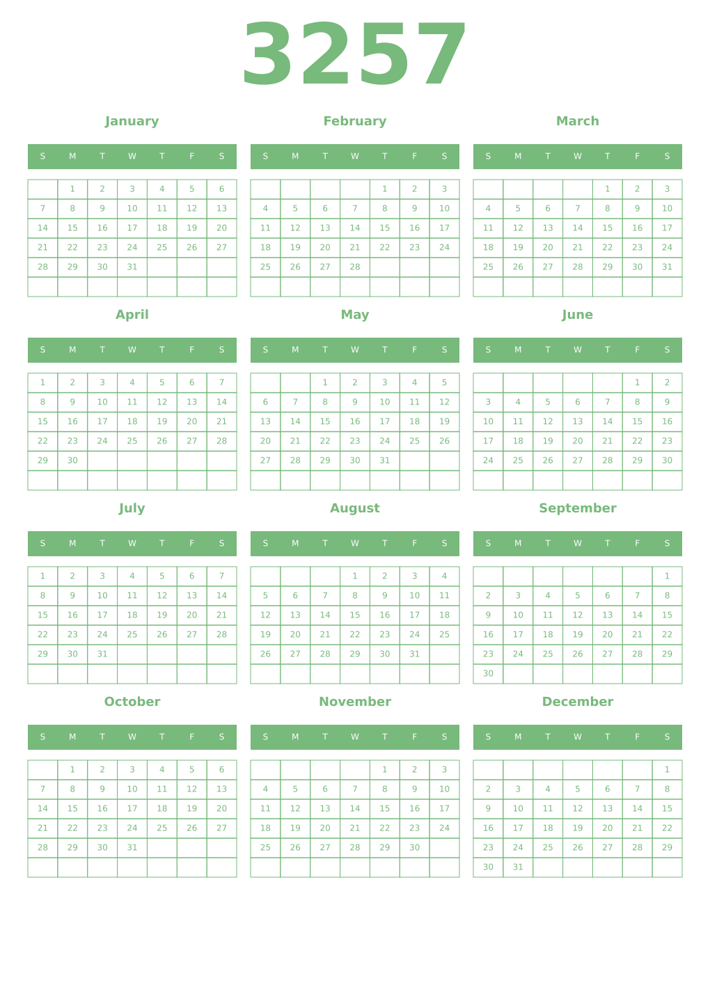 Printable 3257 Year Calendars celadon