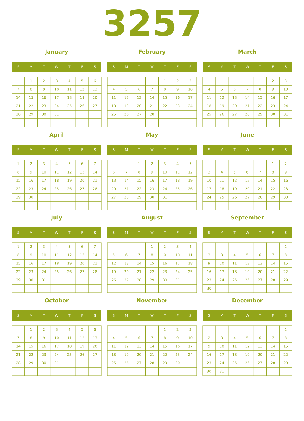 Printable 3257 Year Calendars chartreuse