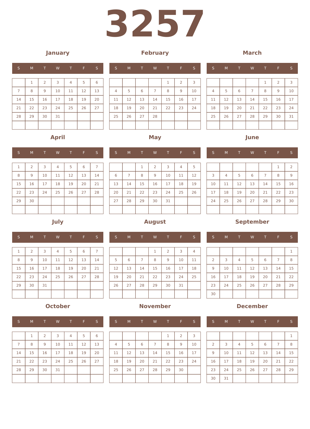 Printable 3257 Year Calendars coffe