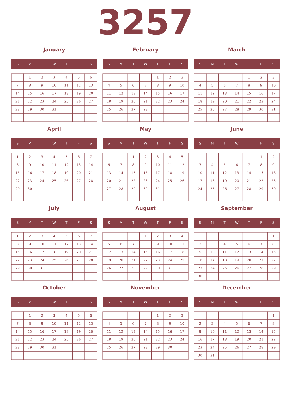 Printable 3257 Year Calendars cordovan