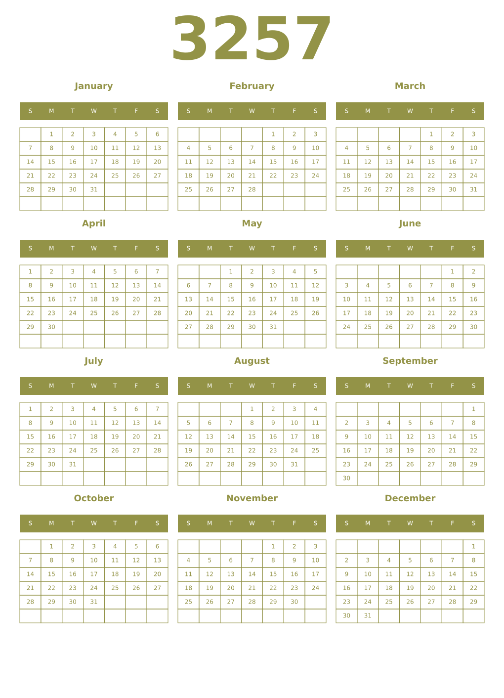 Printable 3257 Year Calendars eburnean