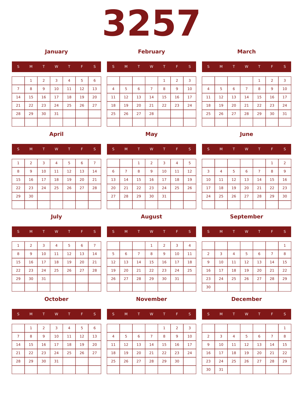 Printable 3257 Year Calendars falu