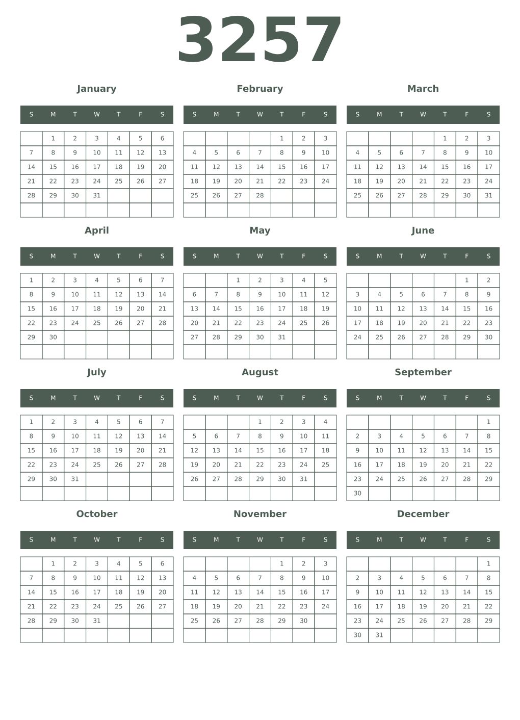 Printable 3257 Year Calendars feldgrau