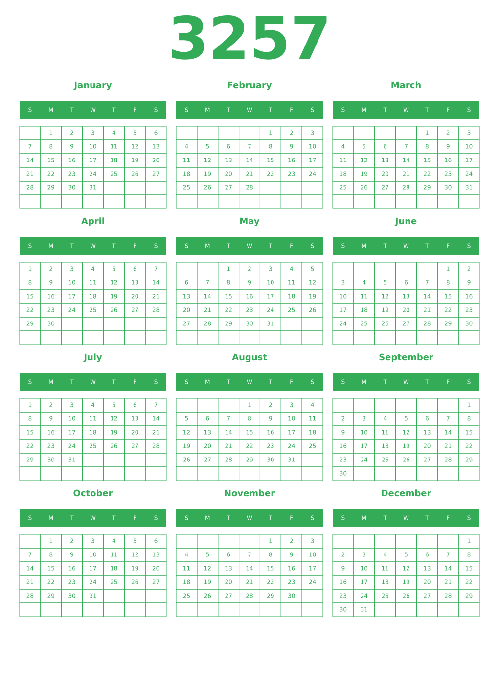 Printable 3257 Year Calendars green