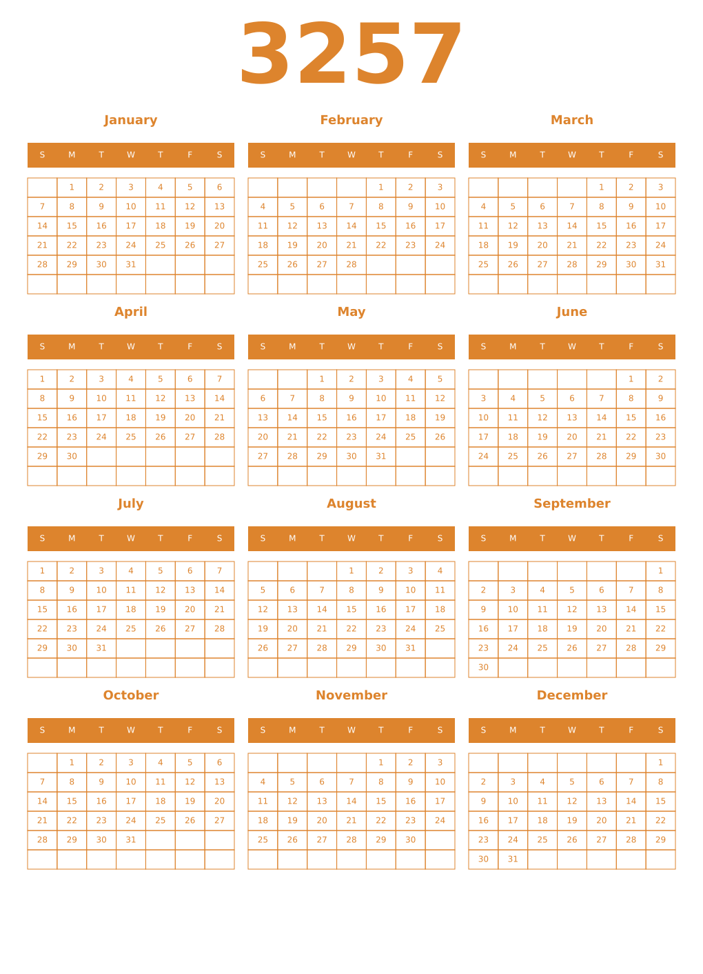 Printable 3257 Year Calendars orange