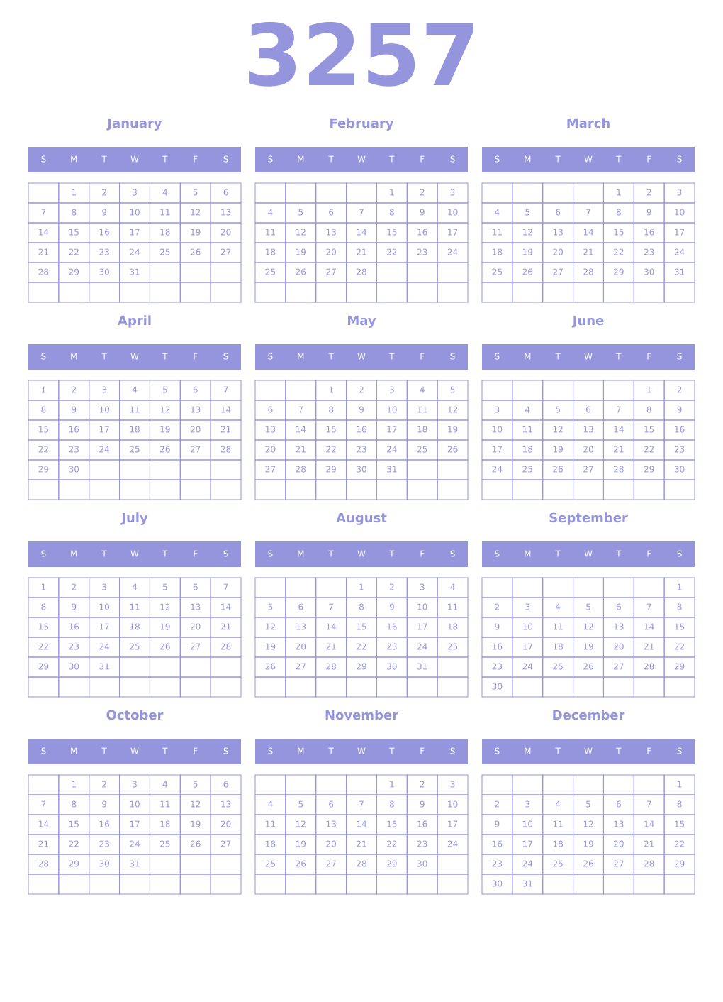 Printable 3257 Year Calendars periwinkle