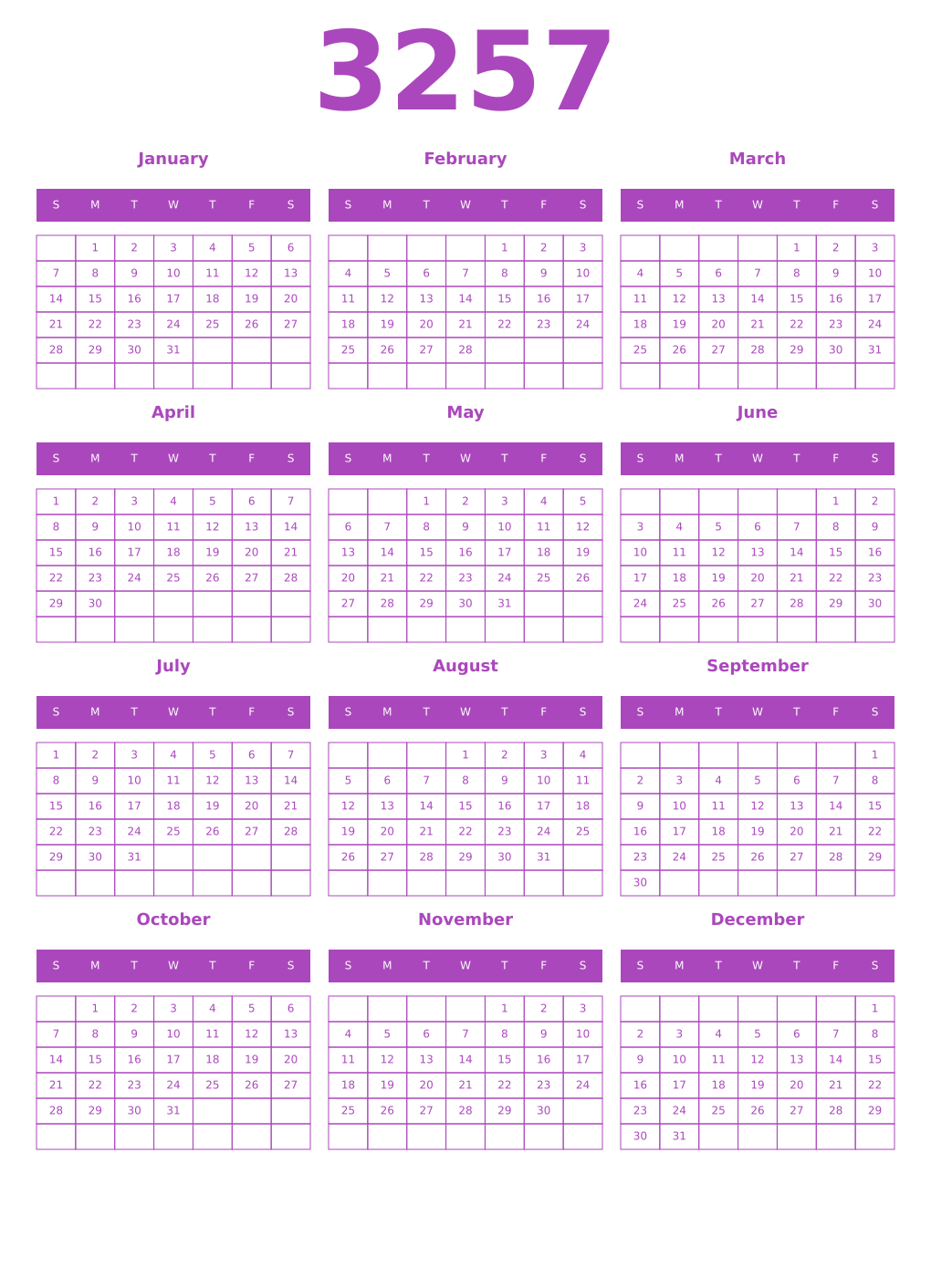 Printable 3257 Year Calendars purple