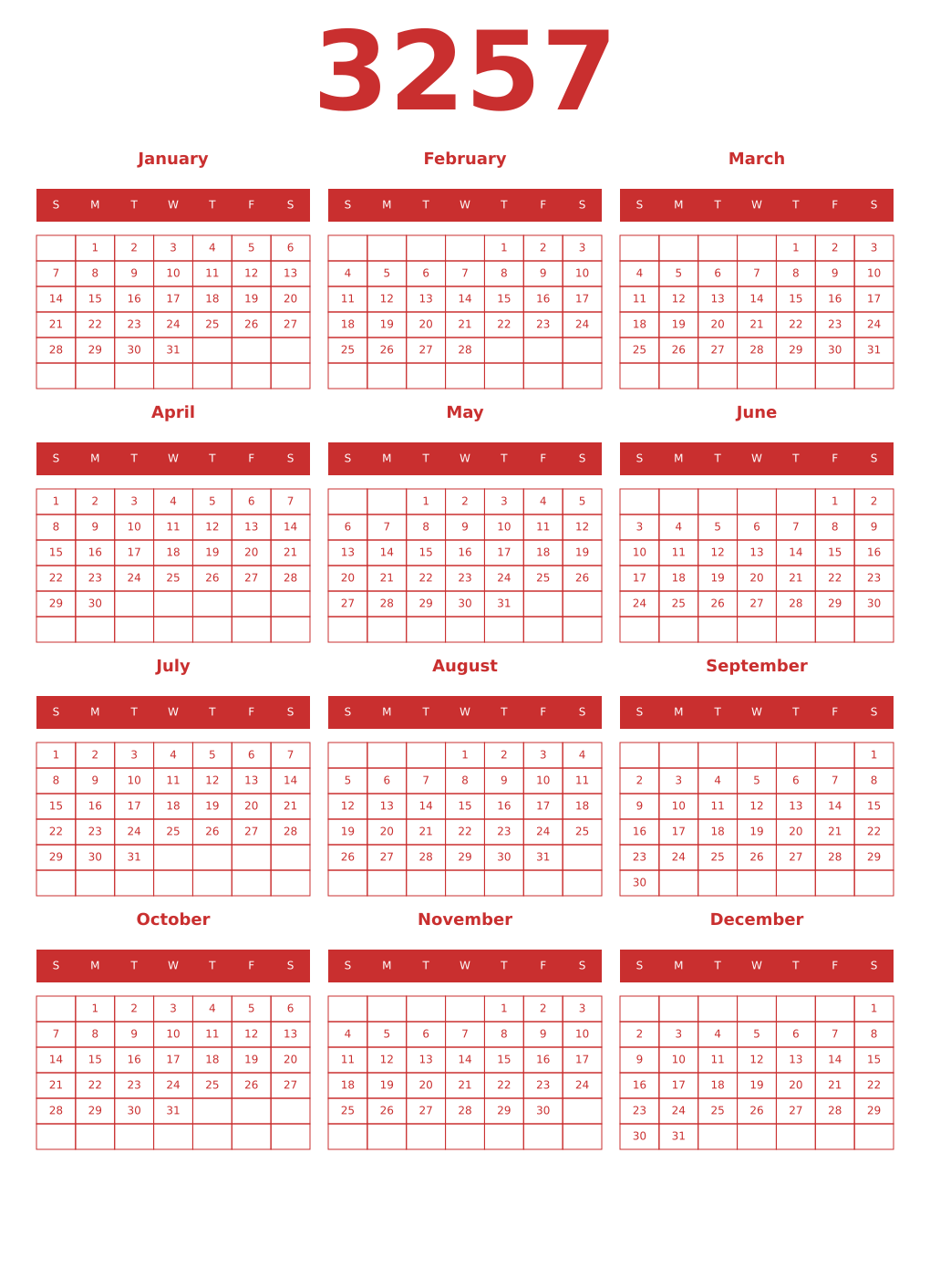 Printable 3257 Year Calendars red