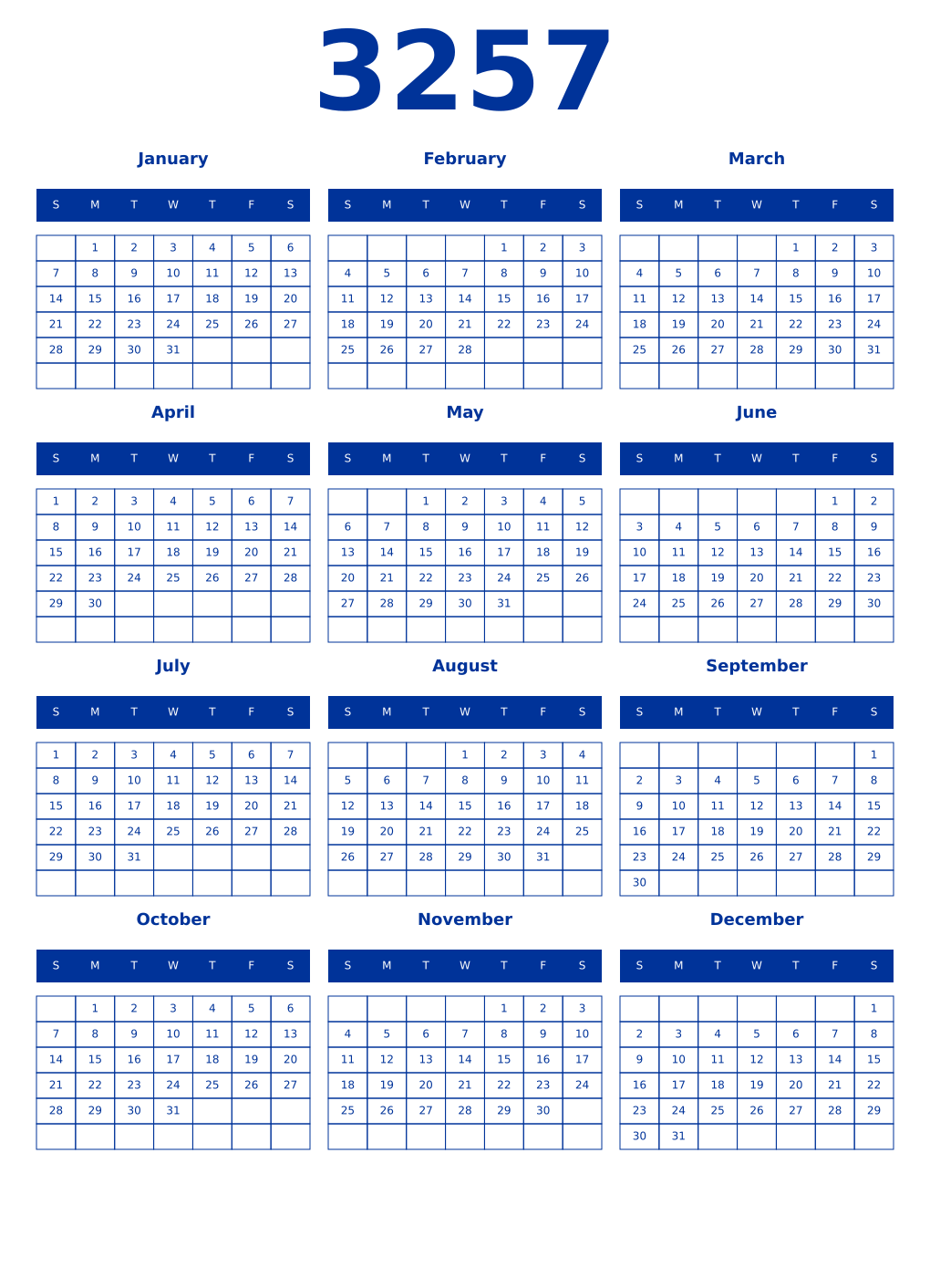 Printable 3257 Year Calendars smalt