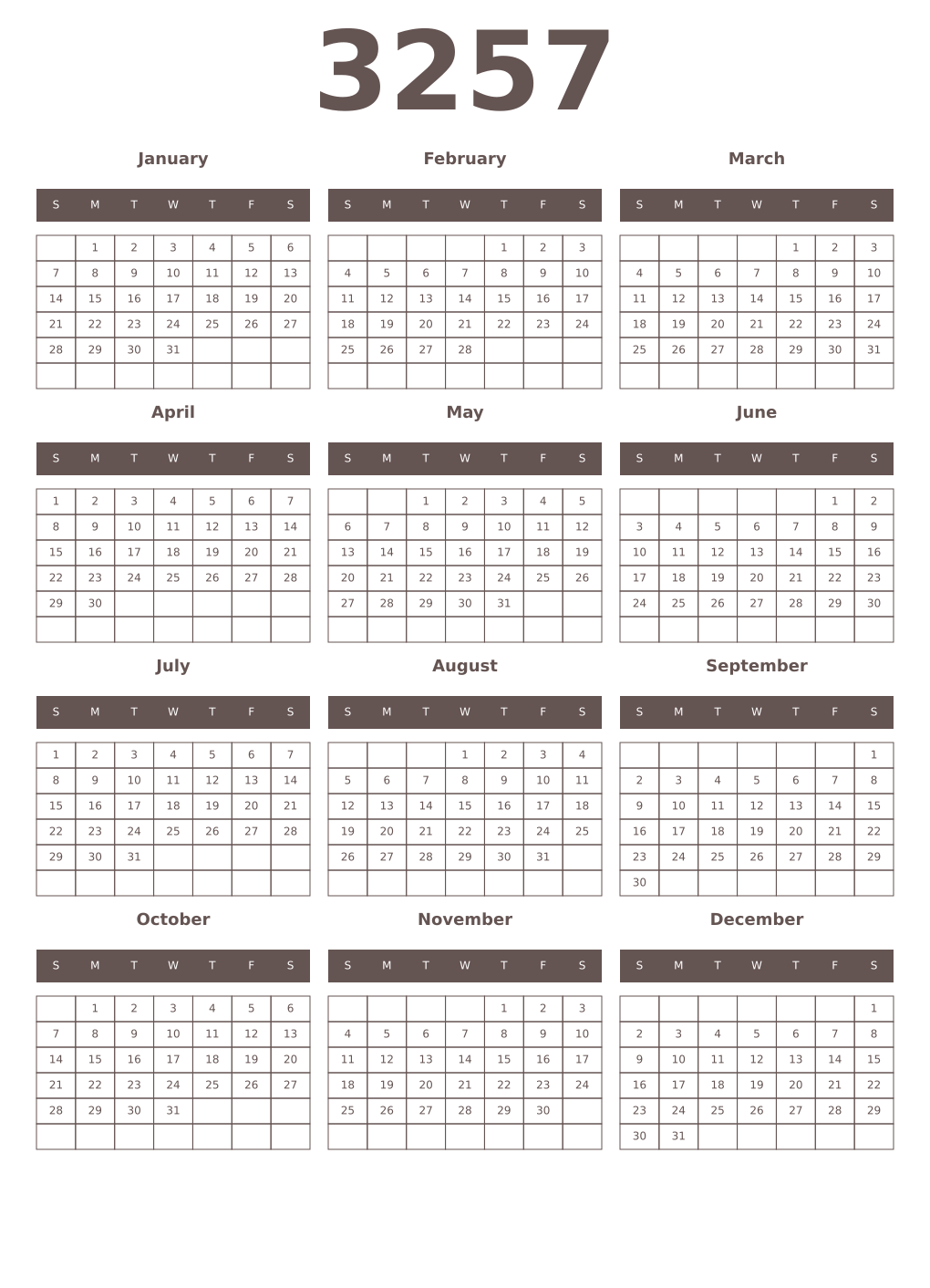 Printable 3257 Year Calendars wenge