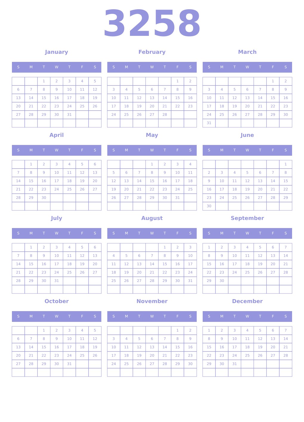 Printable 3258 Year Calendars periwinkle