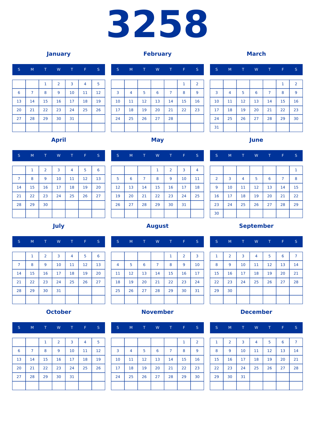 Printable 3258 Year Calendars smalt