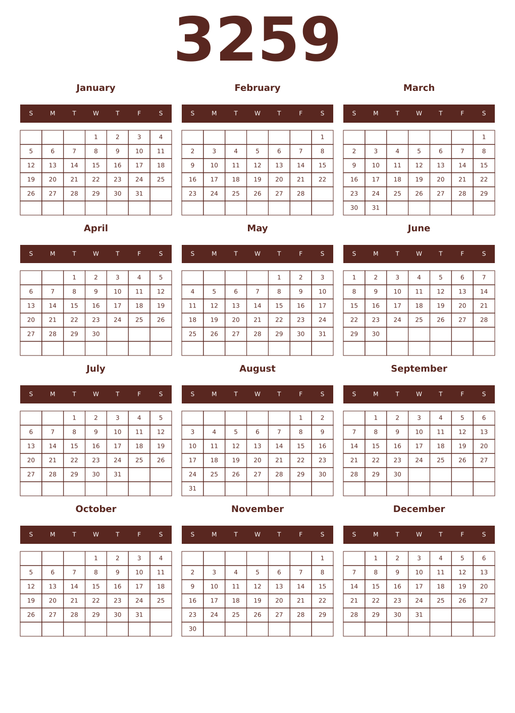 Printable 3259 Year Calendars mortuum