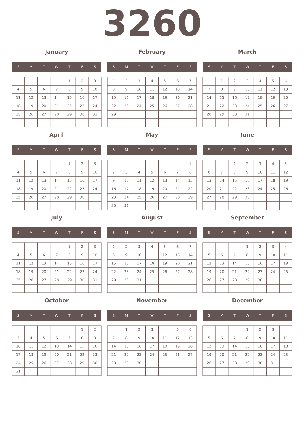 Printable 3260 Year Calendars wenge