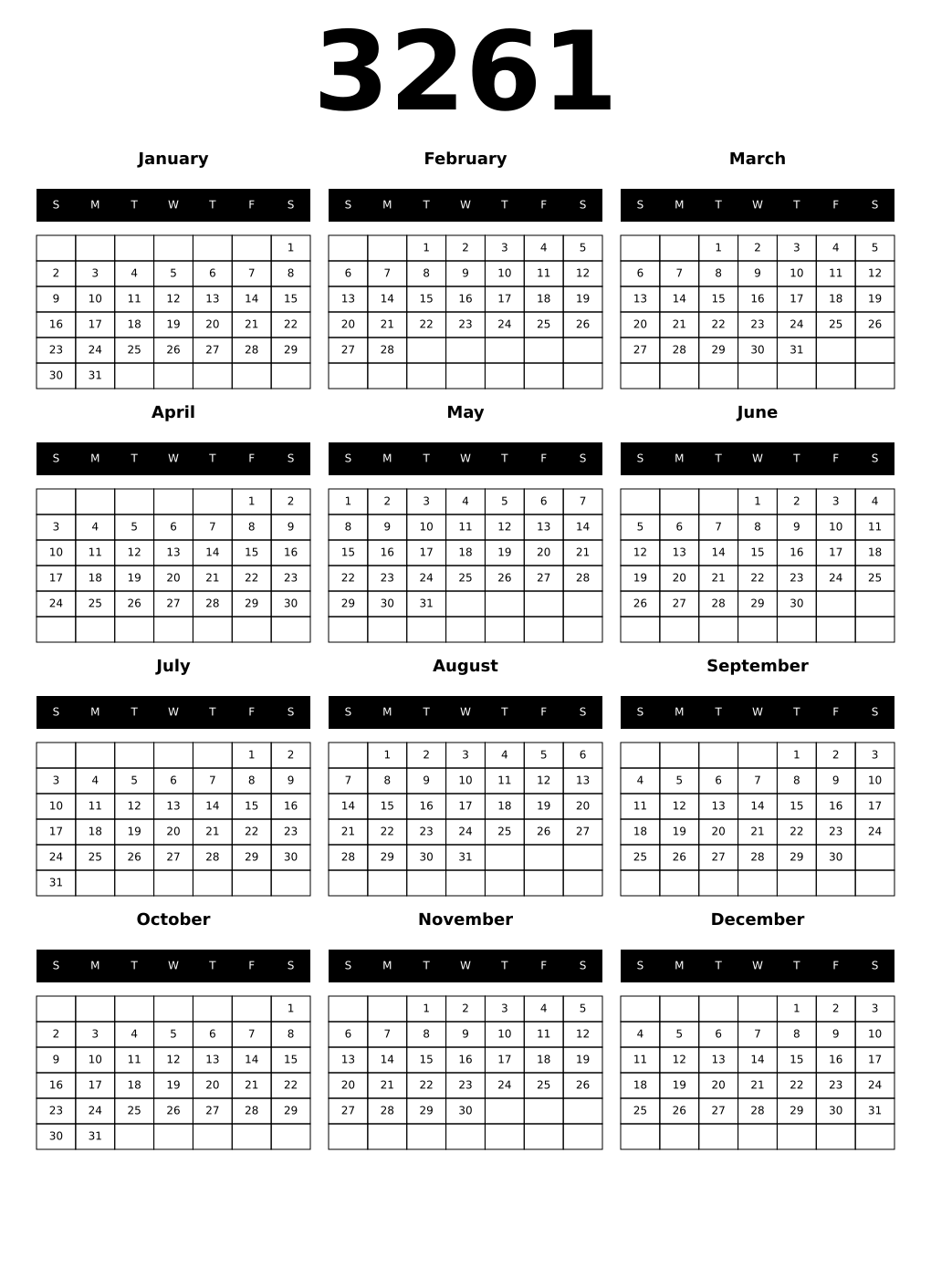 Printable 3261 Year Calendars black