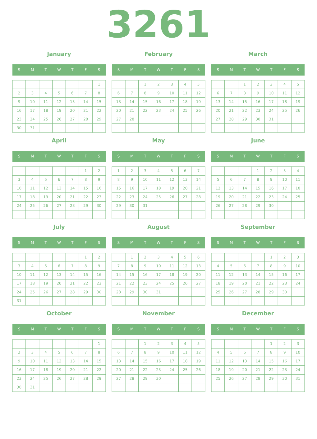 Printable 3261 Year Calendars celadon