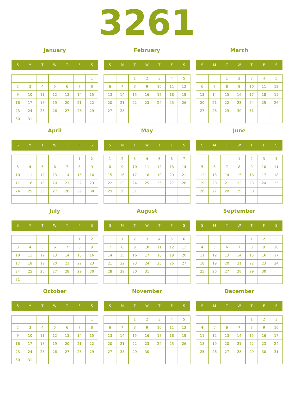 Printable 3261 Year Calendars chartreuse