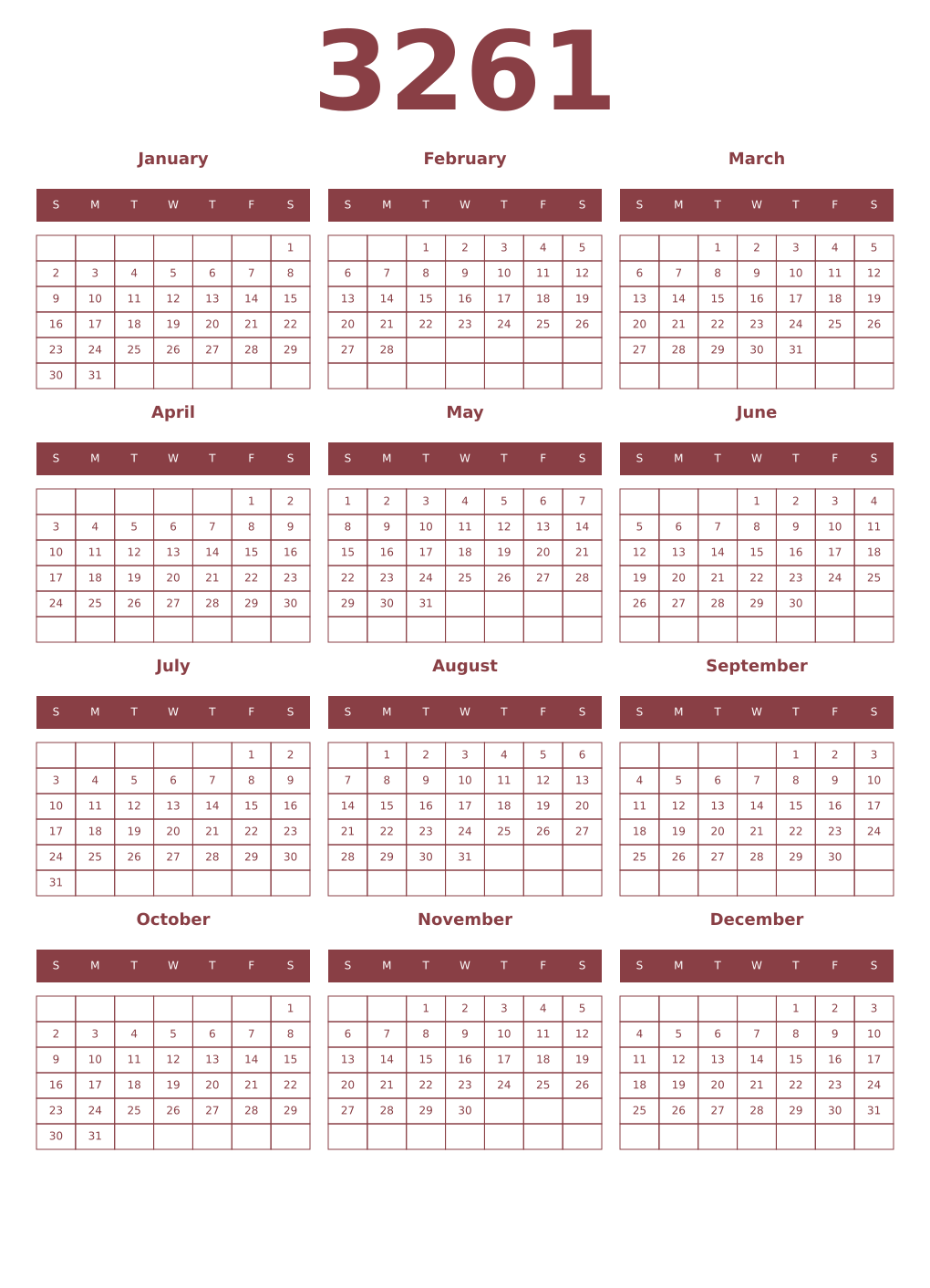 Printable 3261 Year Calendars cordovan