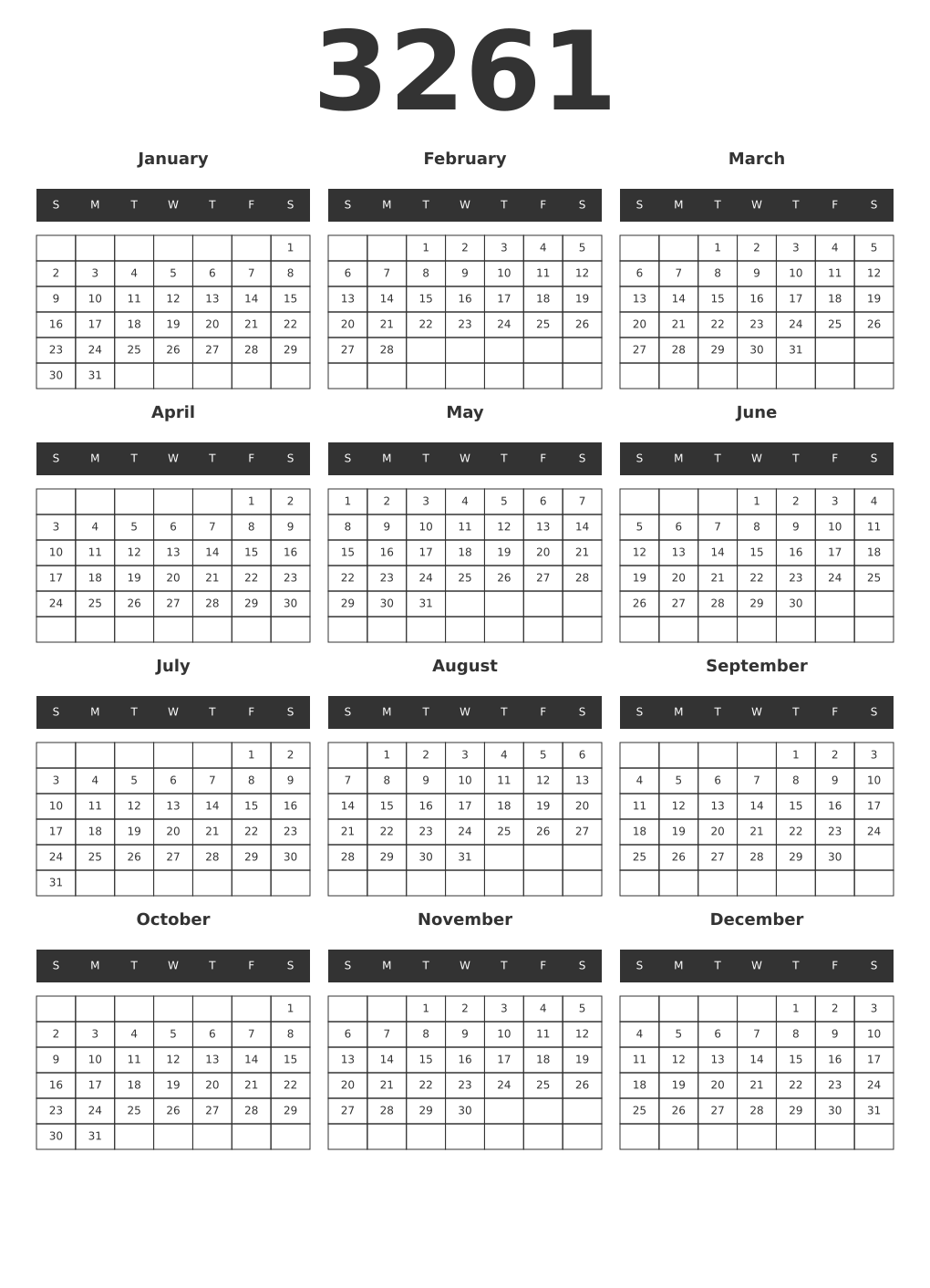 Printable 3261 Year Calendars dark