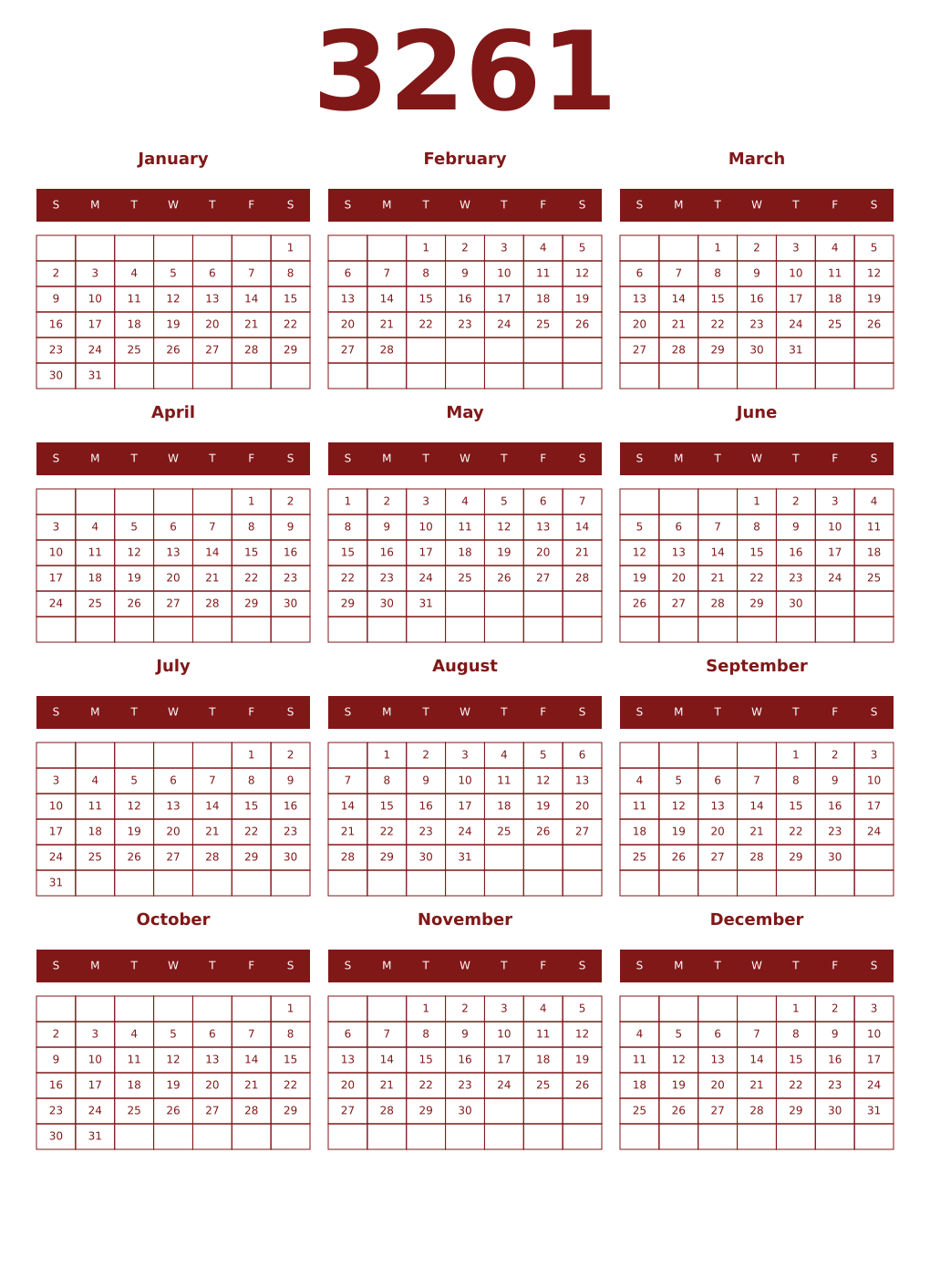 Printable 3261 Year Calendars falu
