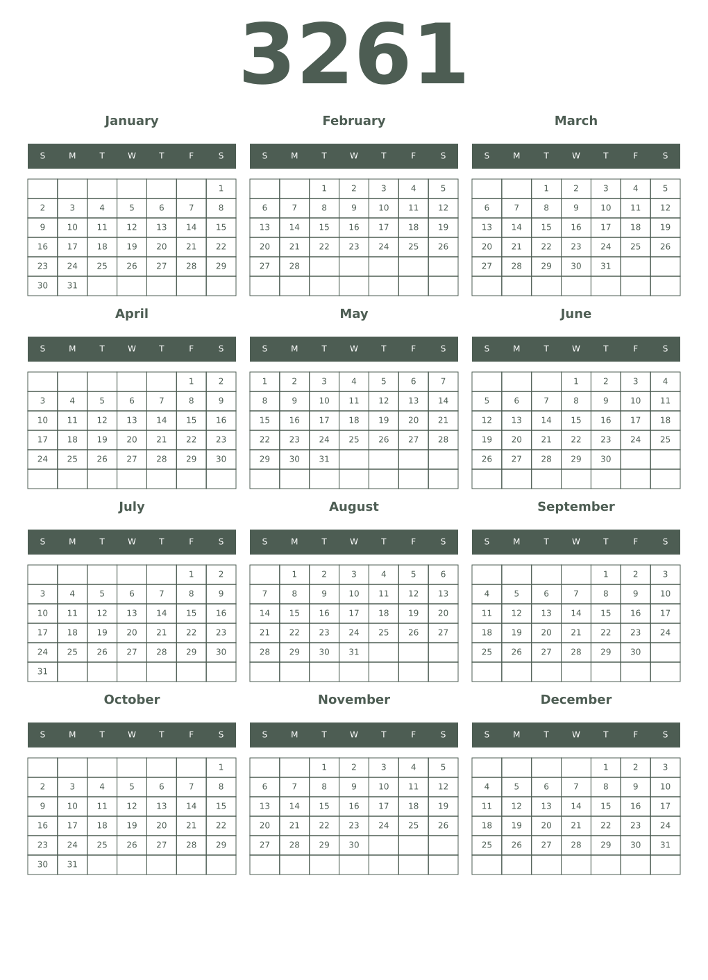 Printable 3261 Year Calendars feldgrau