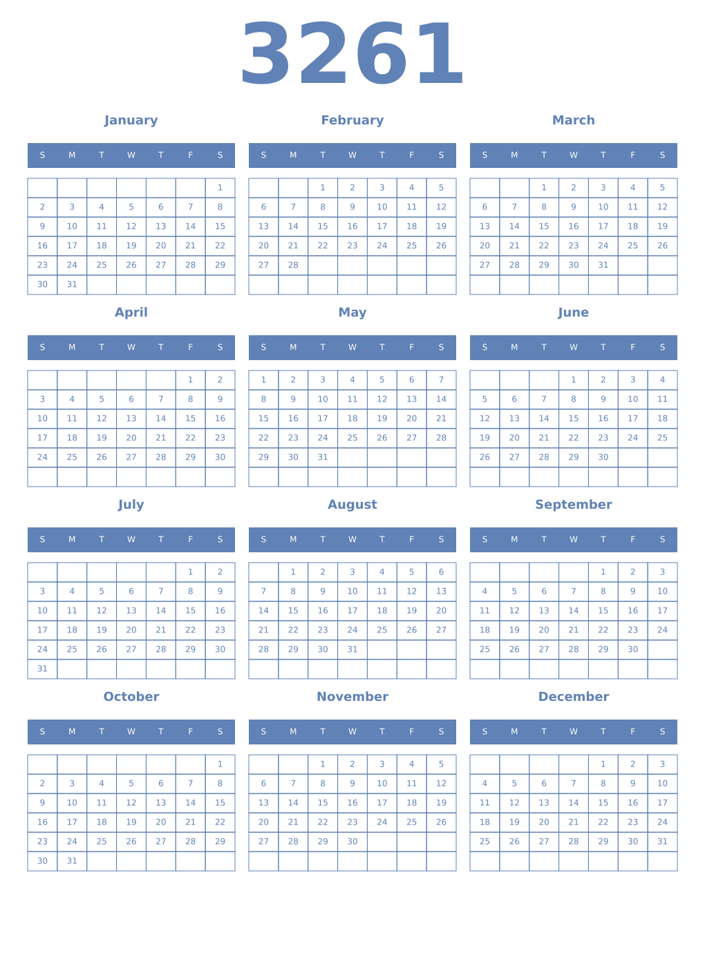 Printable 3261 Year Calendars glaucous