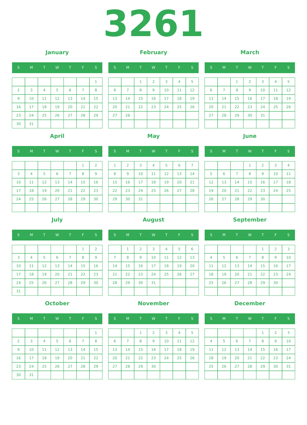 Printable 3261 Year Calendars green